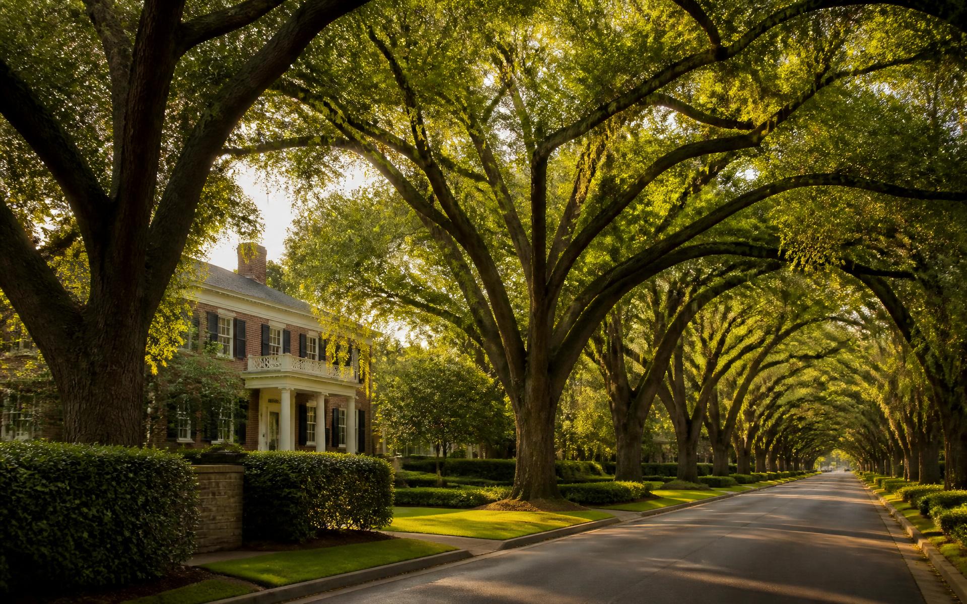 Willow oak canopy arching over a residential street in Myers Park, Charlotte