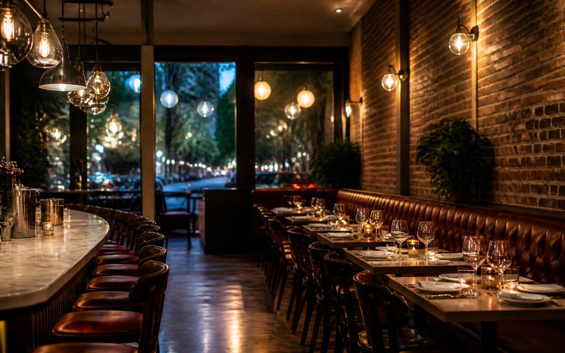 Warmly lit bistro dining room with a marble bar and leather banquettes near Myers Park